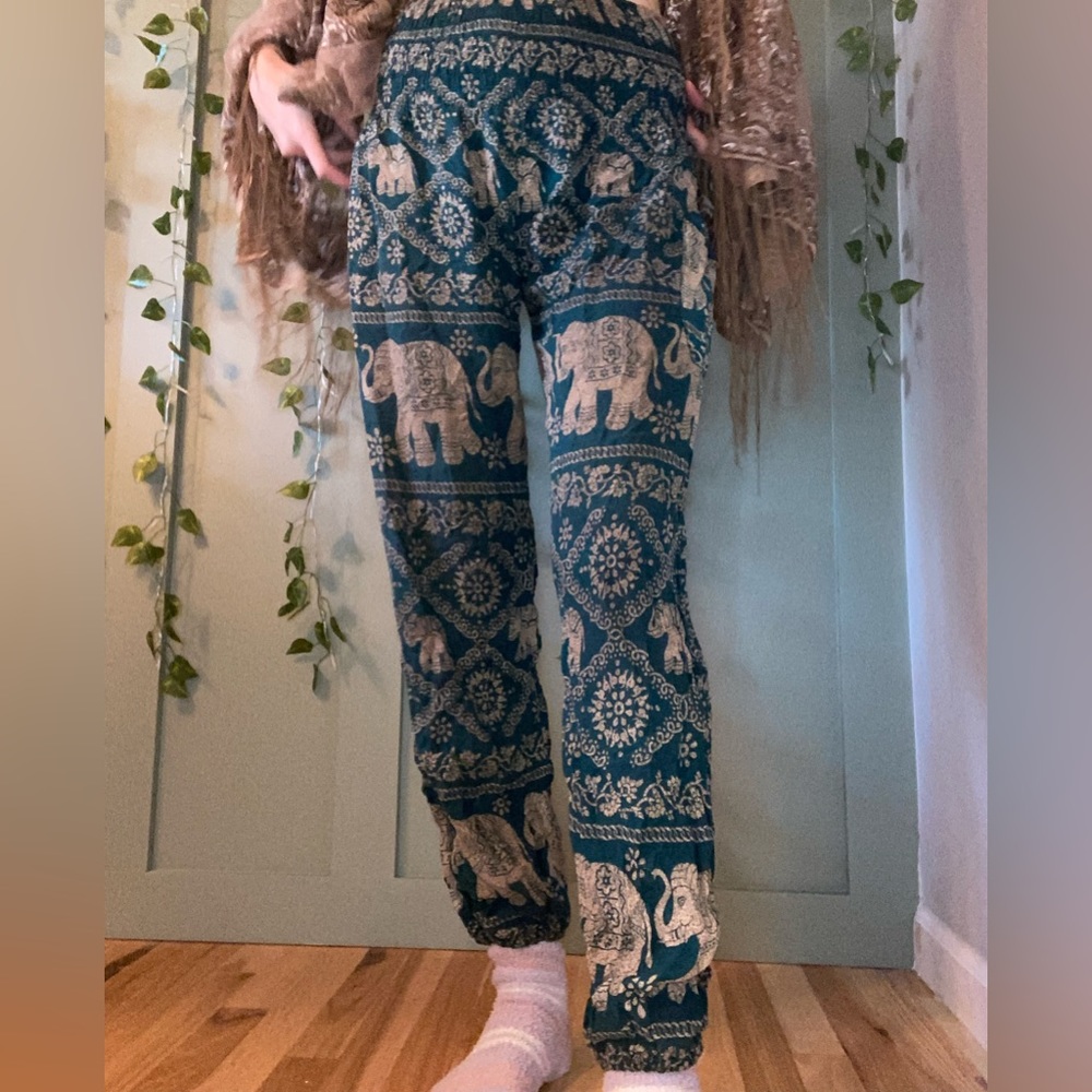 Women’s Teal Blue Elephant Print Harem Pants Hippie Boho Style